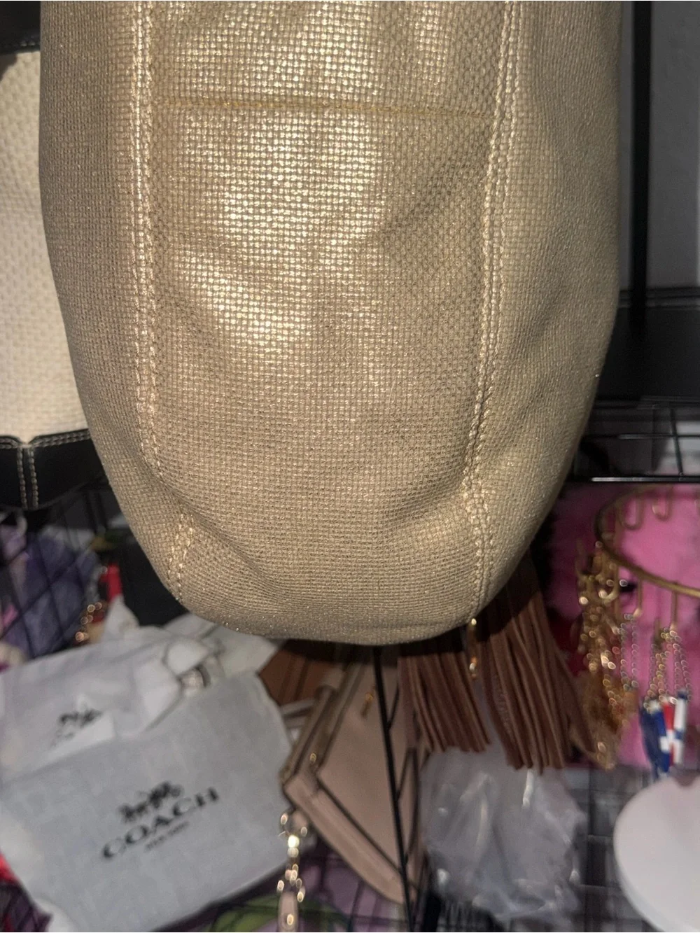 Michael Michael Kors Gold Metallic Canvas Hobo Bag Brown Whipstitch Leather Trim
